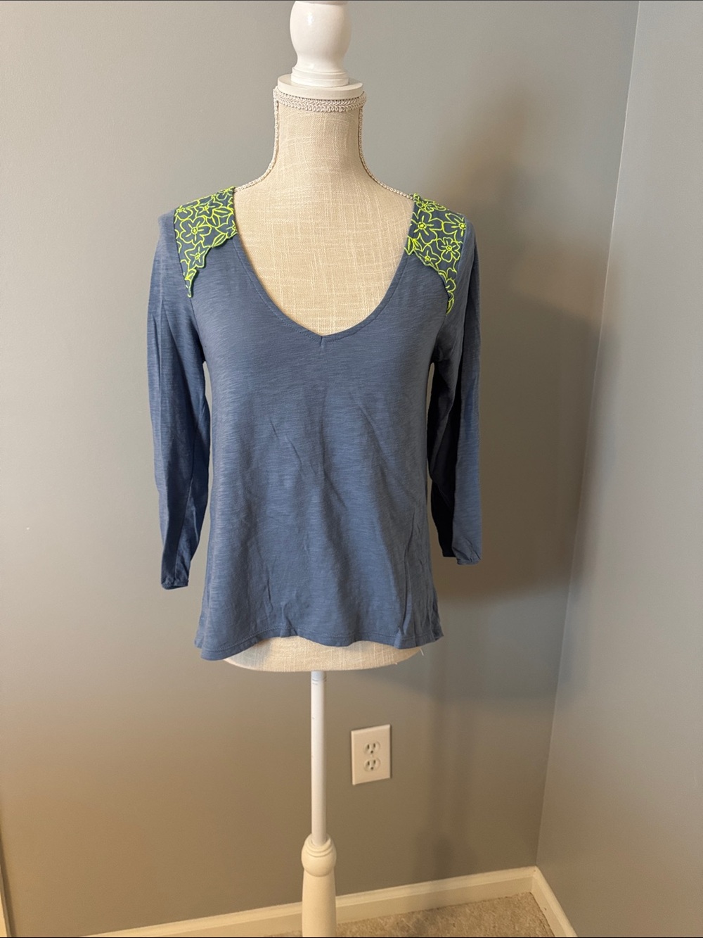 American Eagle Outfitters Blue Scoop V-Neck Top with Lime Embroidered Shoulders
